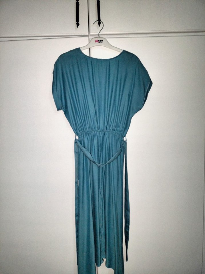Turkuaz V Yaka Midi günlük Elbise - Görsel 3