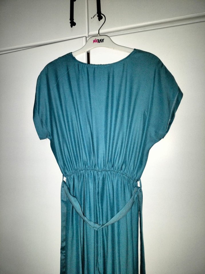 Turkuaz V Yaka Midi günlük Elbise - Görsel 2