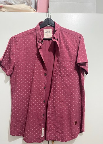 Bordo Pamuklu Kısa Kollu Düğmeli Erkek Gömlek - Görsel 2