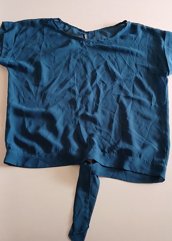 Mavi yuvarlak yakalı şifon arkası 2 parçalı bağcıklı bluz - Görsel 3