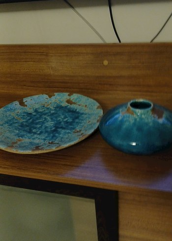 Tepe homParlak Turkuaz Seramik Vazo ve Tabak - Görsel 3