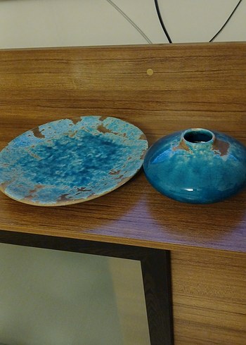 Tepe homParlak Turkuaz Seramik Vazo ve Tabak - Görsel 4