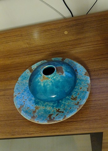 Tepe homParlak Turkuaz Seramik Vazo ve Tabak - Görsel 2