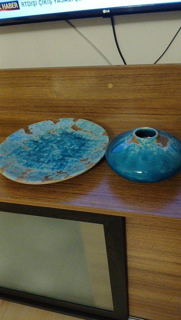 Tepe homParlak Turkuaz Seramik Vazo ve Tabak - Görsel 4