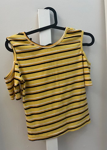 Sarı Çizgili Kız Çocuk Fırfırlı Tişört - Görsel 3