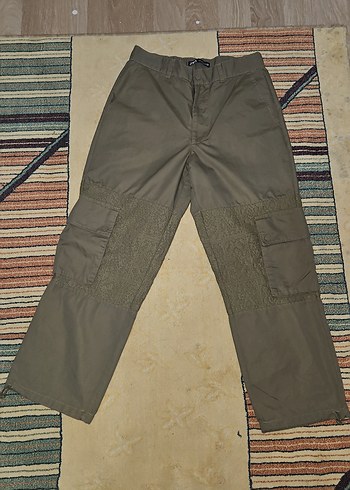 Unisex Haki Bel Detaylı Bol Kesim Kumaş Kargo Pantolon