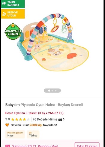 Babycim Baykuş Desenli Piyanolu Bebek Oyun Halısı