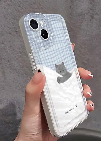 Şeffaf Gri Telefon Kılıfı - Uyuyan Kedi Desenli - Görsel 2