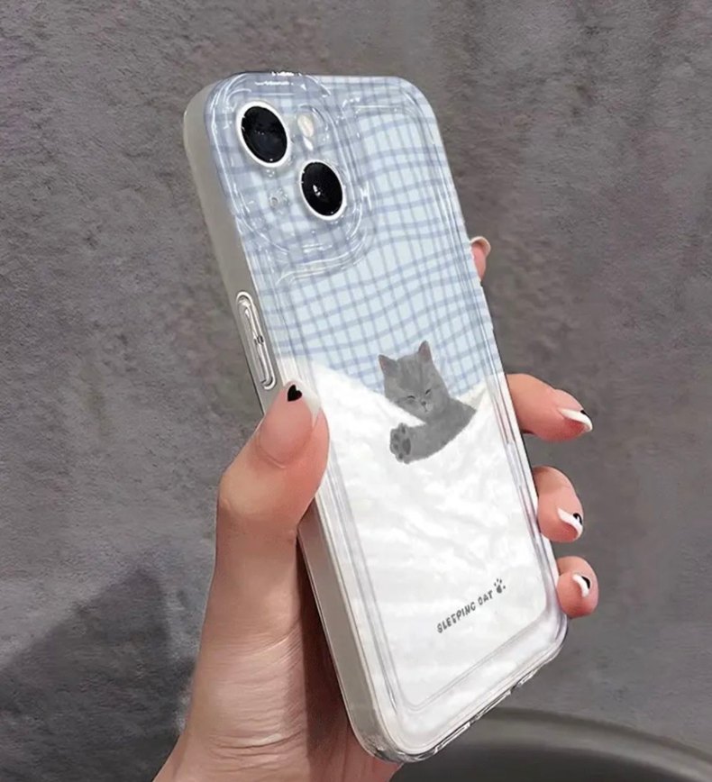 Şeffaf Gri Telefon Kılıfı - Uyuyan Kedi Desenli - Görsel 2