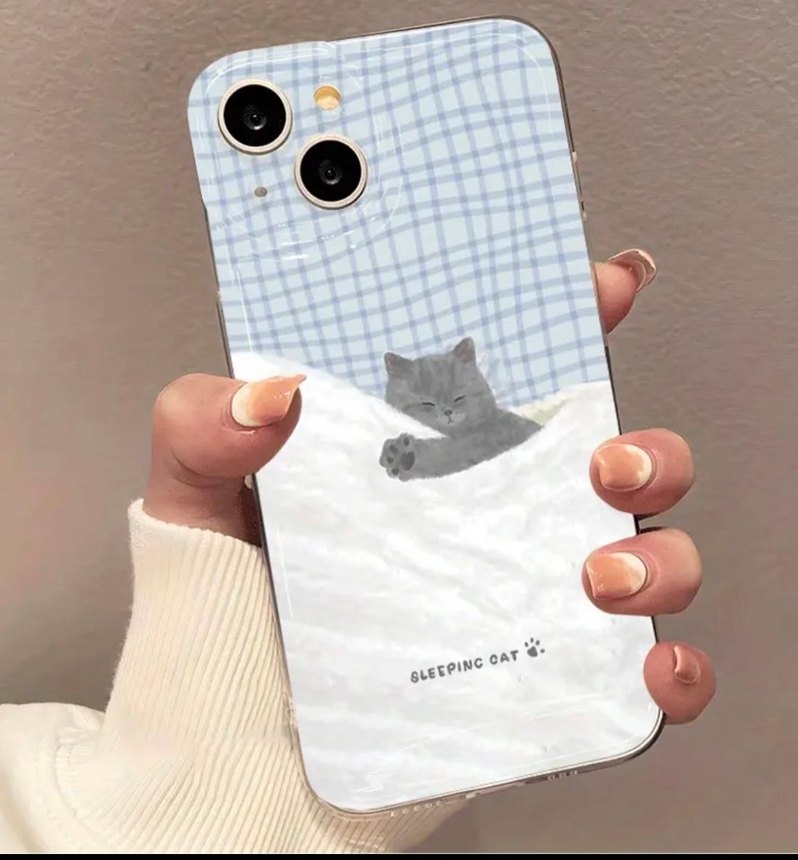Şeffaf Gri Telefon Kılıfı - Uyuyan Kedi Desenli - Görsel 4