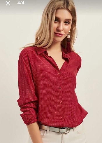 Kırmızı  puantiyeli Düğmeli Kadın Gömlek - Görsel 3