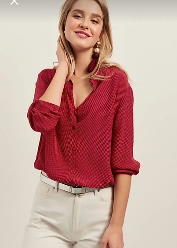 Kırmızı  puantiyeli Düğmeli Kadın Gömlek - Görsel 2