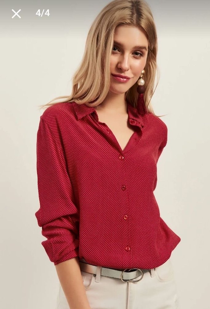 Kırmızı  puantiyeli Düğmeli Kadın Gömlek - Görsel 3