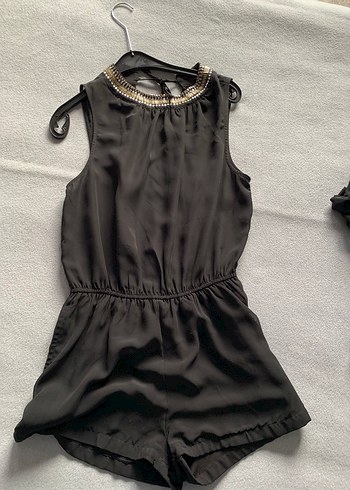 Yakası taş  Detaylı Siyah kısa tulum Elbise - Görsel 7