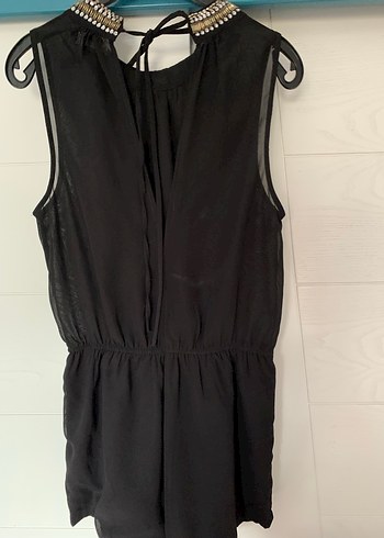 Yakası taş  Detaylı Siyah kısa tulum Elbise - Görsel 3