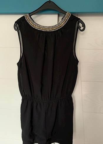 Yakası taş  Detaylı Siyah kısa tulum Elbise - Görsel 2