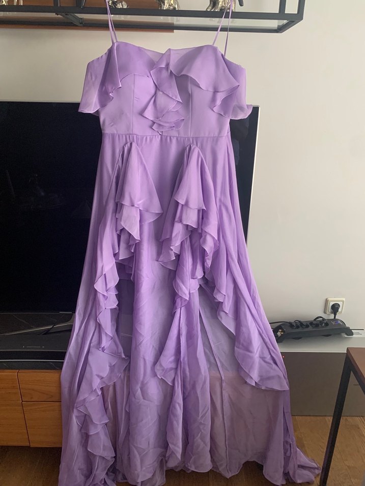 Lila Uzun Drapeli V Yaka Abiye Elbise - Görsel 3