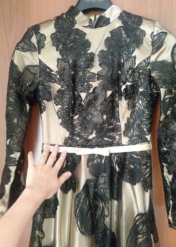 Dantel Detaylı Uzun Siyah Kadın Abiye Elbise - Görsel 2