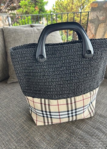 Tığ İşi Kağıt İp Burberry Desen Kadın El Çantası - Görsel 2