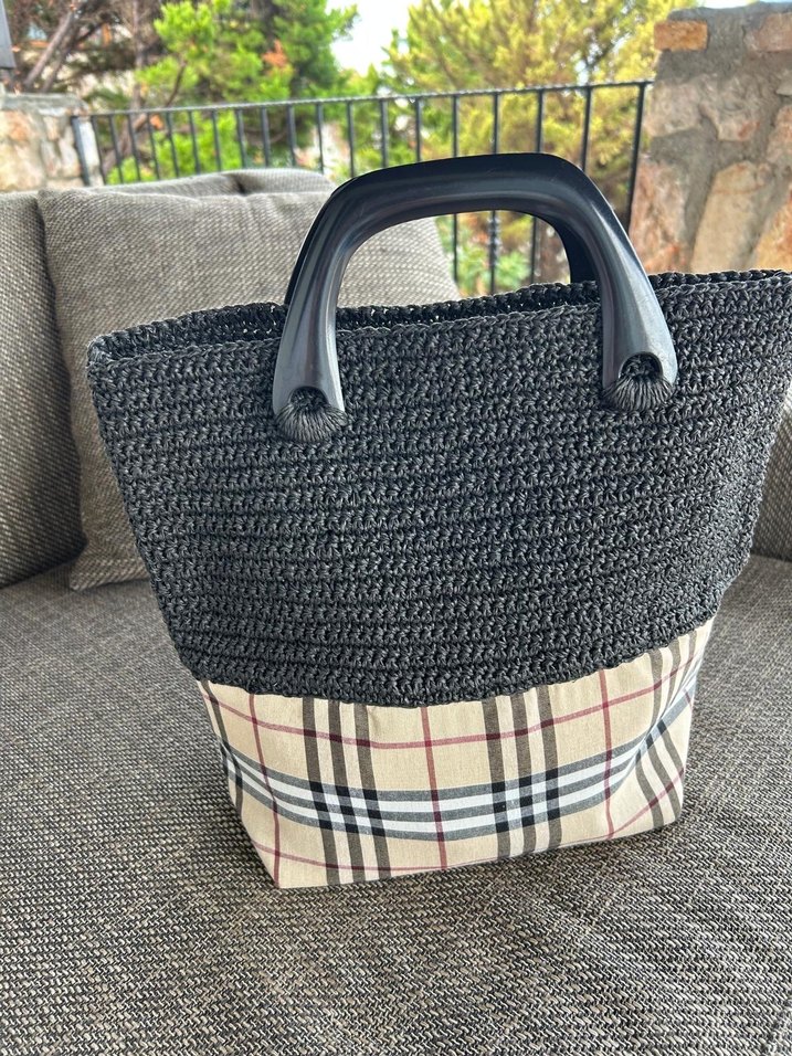 Tığ İşi Kağıt İp Burberry Desen Kadın El Çantası - Görsel 2