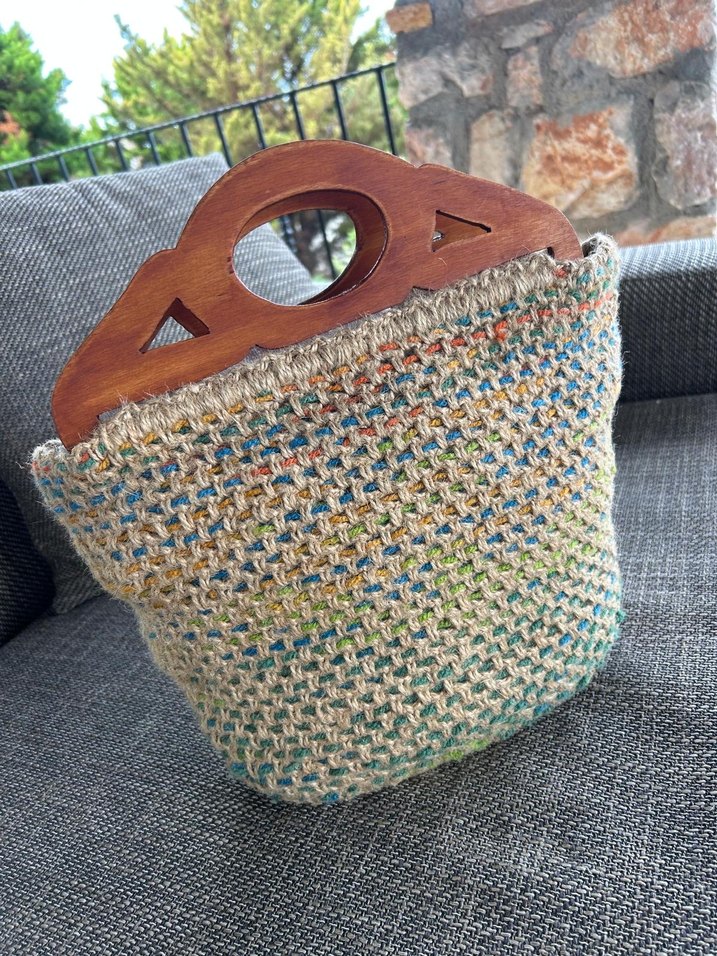Ahşap Saplı Örgü Çiçek Detaylı Bohem Kadın Çanta - Görsel 3