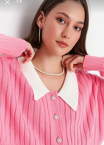 Pembe yaka detaylı fitilli triko hırka 