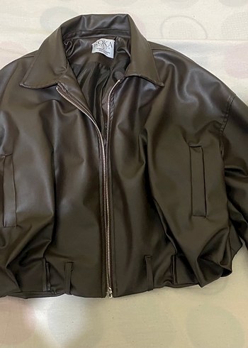 Kahverengi Deri Fermuarlı Kadın Ceket - Görsel 4