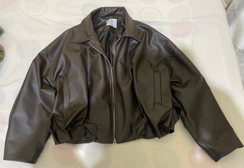 Kahverengi Deri Fermuarlı Kadın Ceket - Görsel 4