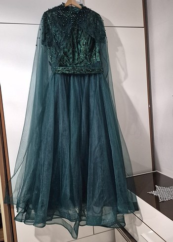 kısa  Kollu Yeşil incili Bohem Abiye Elbise - Görsel 4