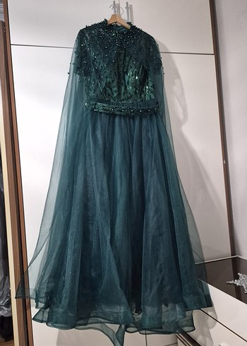 kısa  Kollu Yeşil incili Bohem Abiye Elbise - Görsel 3