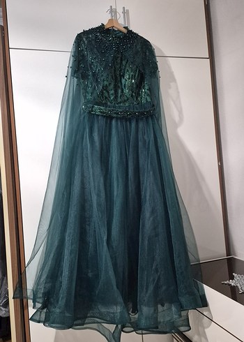 kısa  Kollu Yeşil incili Bohem Abiye Elbise - Görsel 2