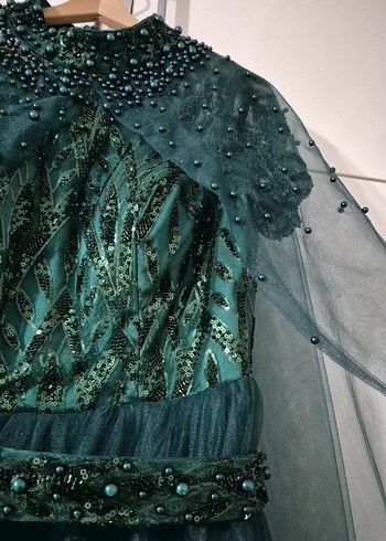 kısa  Kollu Yeşil incili Bohem Abiye Elbise - Görsel 5