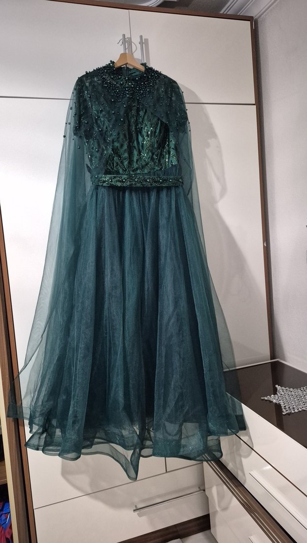 kısa  Kollu Yeşil incili Bohem Abiye Elbise - Görsel 4