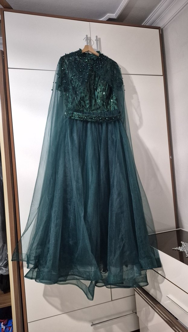 kısa  Kollu Yeşil incili Bohem Abiye Elbise - Görsel 3