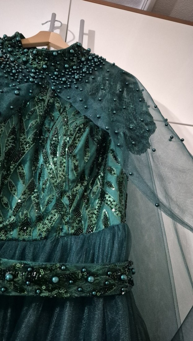 kısa  Kollu Yeşil incili Bohem Abiye Elbise - Görsel 5