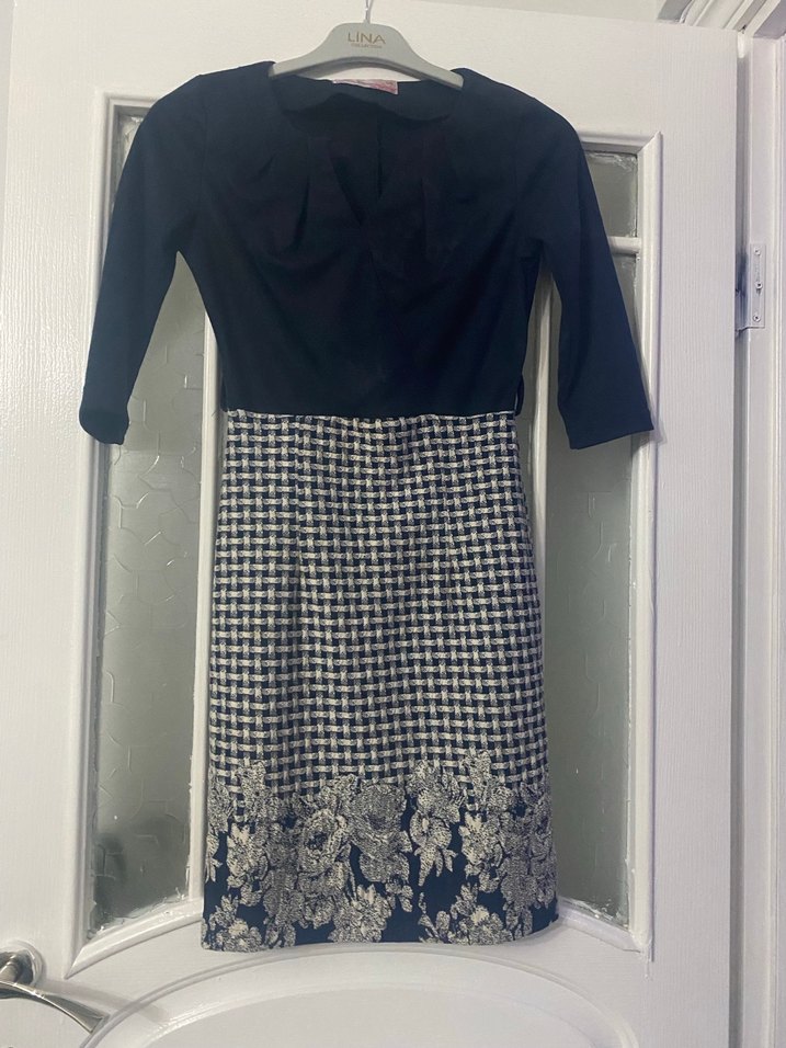 Mavi Gri Pilili Midi ban elbise - Görsel 2