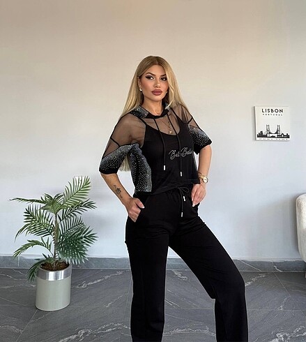 Siyah 3?lü lüks taşlı takım