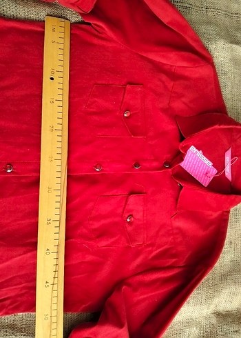 Düğmeli Kırmızı ince kadife Kadın Gömlek - Görsel 5