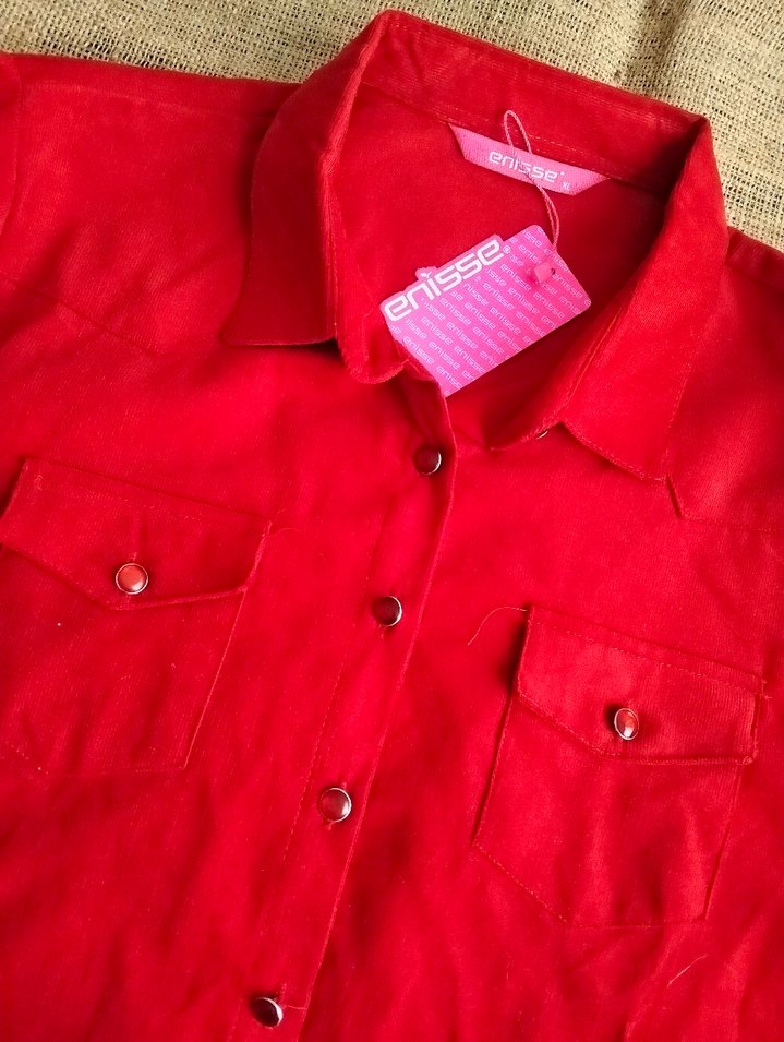 Düğmeli Kırmızı ince kadife Kadın Gömlek - Görsel 2