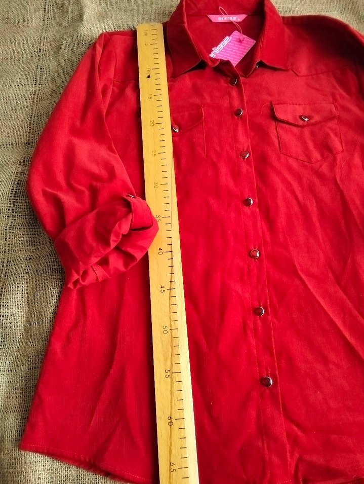 Düğmeli Kırmızı ince kadife Kadın Gömlek - Görsel 3