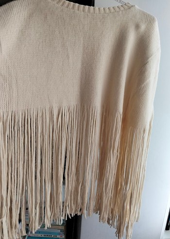 Bej triko Kadın bohem Panço Püsküllü Midi Boy - Görsel 2