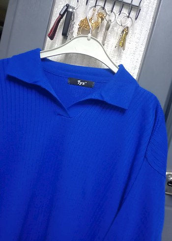 Mavi Örgü Yaka Detaylı Salaş Kadın Kazak - Görsel 2