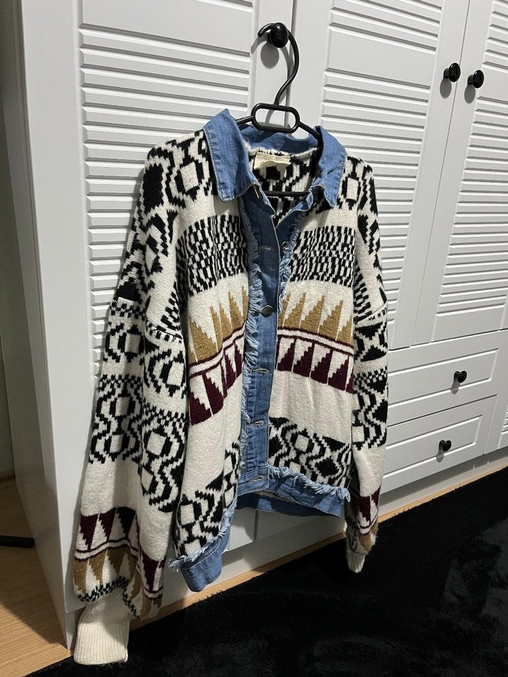 Desenli Örgü Kısa Kadın Kot Ceket - Görsel 2