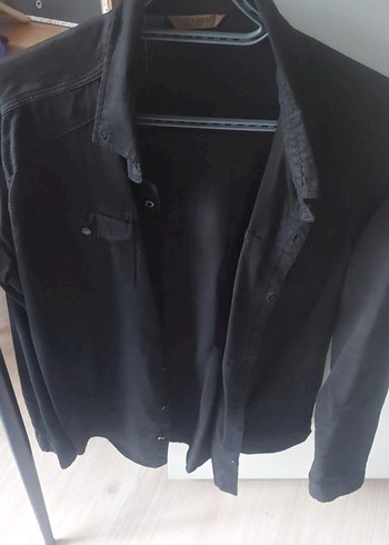 Siyah Denim Erkek Gömlek, Uzun Kollu, Düğmeli - Görsel 2