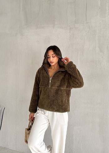 Diğer Kadın Kahverengi Peluş Yarım Fermuarlı Sweatshirt