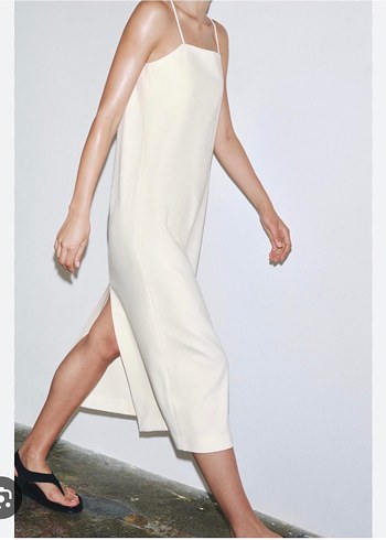 Zara Beyaz Keten Uzun Askılı Elbise - Görsel 3