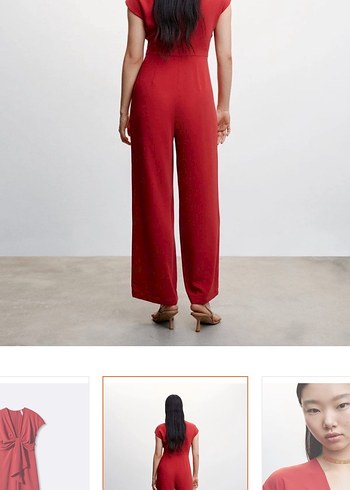 Mango Kırmızı Drapeli V Yaka Midi Tulum - Görsel 3