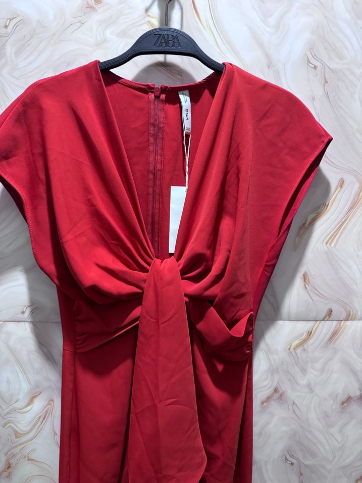 Mango Kırmızı Drapeli V Yaka Midi Tulum - Görsel 4