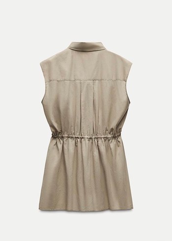 Zara Bej Keten V Yakalı Kolsuz Mini Elbise - Görsel 3