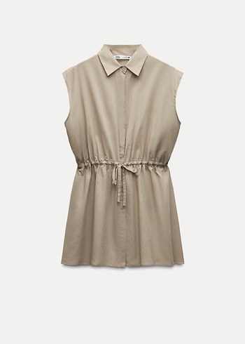 Zara Bej Keten V Yakalı Kolsuz Mini Elbise - Görsel 2